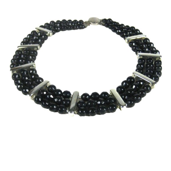Black Plastic Beaded Collar Necklace 19 Inch Silvertone Vintage 50s Multi-Stran - Picture 1 of 8
